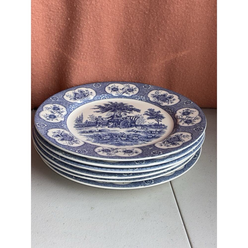 6 Vtg Adams Blue Lawnton 10" Dinner Plates